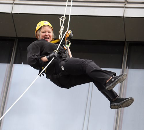 JASON HALSTEAD / WINNIPEG FREE PRESS

Deborah Gural takes her turn at the 13th annual Easter Seals Drop Zone in support of children, youth and adults with disabilities in Manitoba at the Manitoba Hydro Building in Downtown Winnipeg on Aug. 22, 2017. (See Social Page)