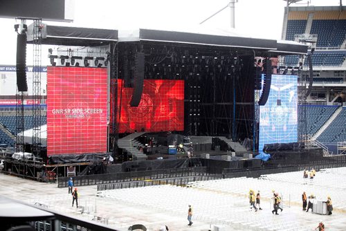 PHIL HOSSACK / WINNIPEG FREE PRESS  -  The Guns n' Roses stage rises in the Investor's Group Field Wednesday afternoon. One of three, the stage takes three days to build and thirty trucks to transport it and the pyrotechnics and gear associated with the world tour. Up to 1100 local people are often hired at each stop, from paramedics to cooks to laborers.  - August 23, 2017