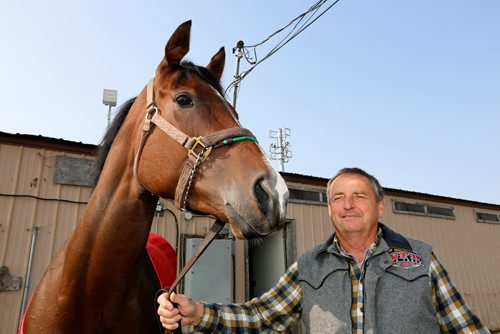JUSTIN SAMANSKI-LANGILLE / WINNIPEG FREE PRESS
Racehorse Escape Clause and trainer Don Schnell pose in front of the Assiniboia Downs stables Thursday.
170824 - Thursday, August 24, 2017.