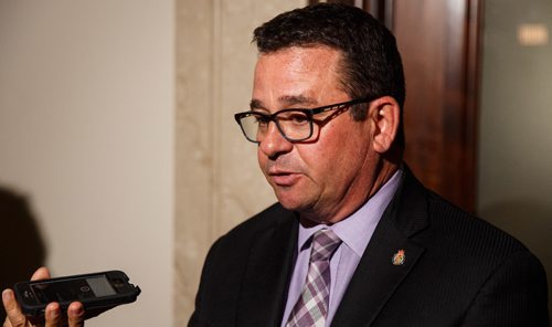 MIKE DEAL / WINNIPEG FREE PRESS
Municipal Relations Minister Jeff Wharton during a scrum outside his office in the Manitoba Legislative Building.
170824 - Thursday, August 24, 2017.