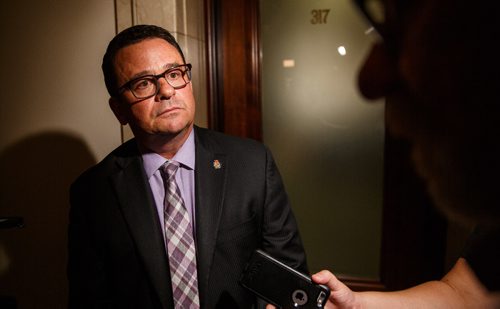 MIKE DEAL / WINNIPEG FREE PRESS
Municipal Relations Minister Jeff Wharton during a scrum outside his office in the Manitoba Legislative Building.
170824 - Thursday, August 24, 2017.