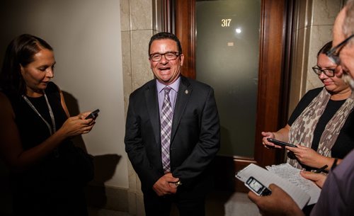 MIKE DEAL / WINNIPEG FREE PRESS
Municipal Relations Minister Jeff Wharton during a scrum outside his office in the Manitoba Legislative Building.
170824 - Thursday, August 24, 2017.