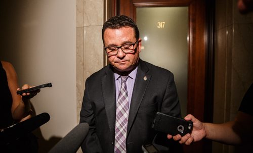 MIKE DEAL / WINNIPEG FREE PRESS
Municipal Relations Minister Jeff Wharton during a scrum outside his office in the Manitoba Legislative Building.
170824 - Thursday, August 24, 2017.