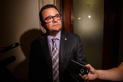 MIKE DEAL / WINNIPEG FREE PRESS
Municipal Relations Minister Jeff Wharton during a scrum outside his office in the Manitoba Legislative Building.
170824 - Thursday, August 24, 2017.