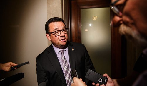 MIKE DEAL / WINNIPEG FREE PRESS
Municipal Relations Minister Jeff Wharton during a scrum outside his office in the Manitoba Legislative Building.
170824 - Thursday, August 24, 2017.