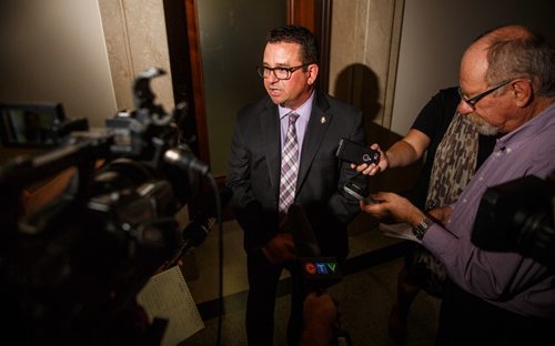 MIKE DEAL / WINNIPEG FREE PRESS
Municipal Relations Minister Jeff Wharton during a scrum outside his office in the Manitoba Legislative Building.
170824 - Thursday, August 24, 2017.