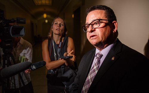 MIKE DEAL / WINNIPEG FREE PRESS
Municipal Relations Minister Jeff Wharton during a scrum outside his office in the Manitoba Legislative Building.
170824 - Thursday, August 24, 2017.