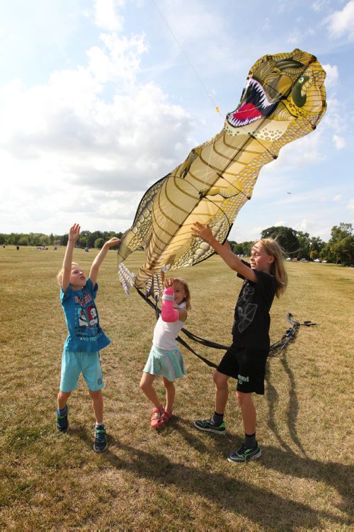 RUTH BONNEVILLE / WINNIPEG FREE PRESS 

McLaren kids Simon (7yrs), Alaina (5yrs) and Cass (9yrs) reach up high to release a  large dinosaur kite on windy Friday afternoon. The kite was a gift for Simon (blue) who just turned ors years last week.  

Standup photo
Aug 24, 2017
