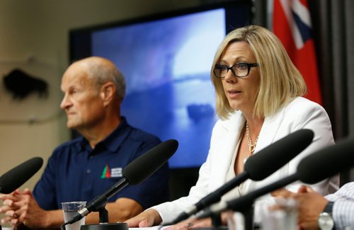 WAYNE GLOWACKI / WINNIPEG FREE PRESS

Sustainable Development Minister Rochelle Squires with Gary Friesen, manager, fire program, Manitoba Sustainable Development at the news conference in the Legislative building Wednesday to update wildfire response efforts in Island Lake area.Nick Martin story  August 30 2017