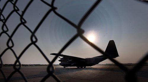 PHIL HOSSACK / WINNIPEG FREE PRESS  - A Canadian Forces C130 Herculese transport arrives at James Richardson International Airport in Winnipeg Ferrying northern Manitoba fire evacuees south to shelter.  - August 30, 2017