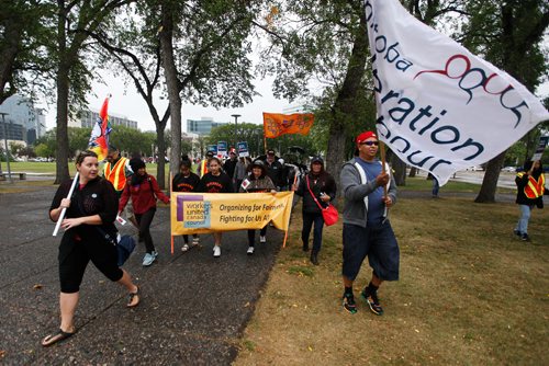 JOHN WOODS / WINNIPEG FREE PRESS
About two hundred came together to march down Broadway to Vimy Park in the Labour Day March Monday, September 4, 2017.