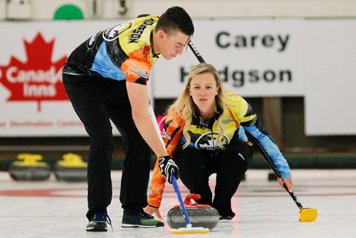JOHN WOODS / WINNIPEG FREE PRESS
Chelsea Carey and Colin Hodgson compete against Jocelyn Peterman and Brett Gallant in the Mixed Doubles Classic at The Granite Curling Club in Winnipeg Monday, September 4, 2017.