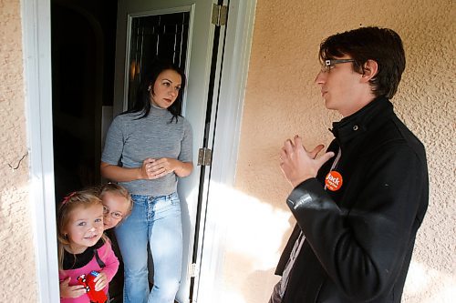 BORIS MINKEVICH / WINNIPEG FREE PRESS  080928 Matt Schaubroeck talks to Natalie Stefishen on Matt's door to door campaigning in St. Boniface.