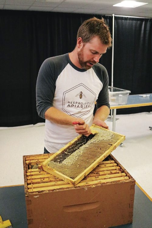 Canstar Community News Aug. 23, 2017 - Chris Kirouac, co-founder of Beeproject Apiaries, demonstrates how to extract honey from an urban hive at Red River Colleges Notre Dame Campus. (Ligia Braidotti/Canstar Community News/The Times)