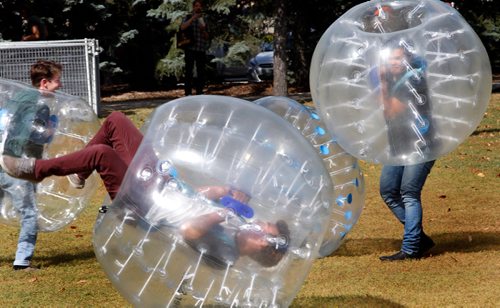 WAYNE GLOWACKI / WINNIPEG FREE PRESS

Simon Jones, centre,  tries to get oriented while playing bubble soccer with friends during a break on Orientation day for new students on the Fort Garry campus Tuesday. The two day Orientation event involves over 6,000 students, staff, and volunteers, students also took part in a scavenger hunt and had an opportunity to have some fun playing games out on the lawn near University Centre.  The fall term begins Sept. 7.  Sept. 5 2017