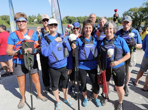 JASON HALSTEAD / WINNIPEG FREE PRESS

L-R: Members of the Prostate Paddlers, Joan glover, Norm Johanson, Pauline Johnson, Dolci Walkin, Mary Markesteyn, Wayne Erstelle, Kurt Burstahler, Susan Mitchell and Donald Metuer,  for the flower ceremony at the Canadian Cancer Society September Dragon Boat Challenge on Sept. 9, 2017 at the Manitoba Canoe & Kayak Centre. The flower ceremony involves flowers being placed in the water to honour those living with or taken by cancer. (See Social Page)
