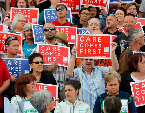 BORIS MINKEVICH / WINNIPEG FREE PRESS
Healthcare cuts protest on the steps of the leg. Care comes first.  Sept. 13, 2017