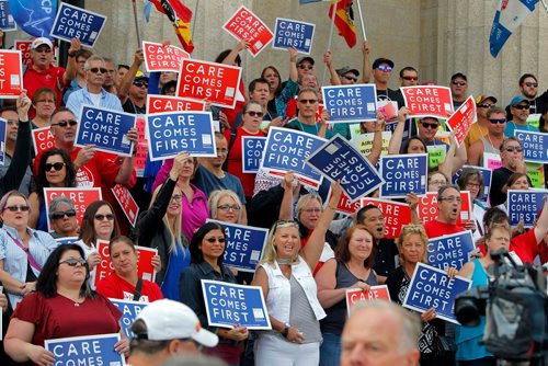 BORIS MINKEVICH / WINNIPEG FREE PRESS
Healthcare cuts protest on the steps of the leg. Care comes first.  Sept. 13, 2017