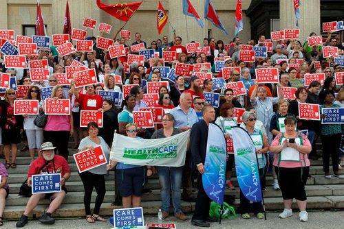 BORIS MINKEVICH / WINNIPEG FREE PRESS
Healthcare cuts protest on the steps of the leg. Care comes first.  Sept. 13, 2017