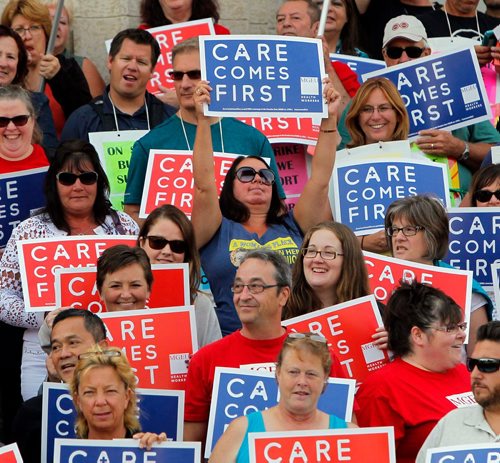 BORIS MINKEVICH / WINNIPEG FREE PRESS
Healthcare cuts protest on the steps of the leg. Care comes first.  Sept. 13, 2017