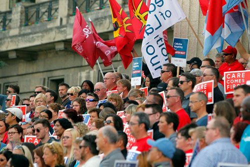 BORIS MINKEVICH / WINNIPEG FREE PRESS
Healthcare cuts protest on the steps of the leg. Care comes first.  Sept. 13, 2017