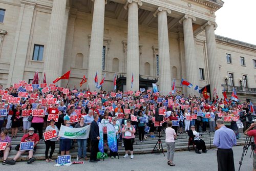 BORIS MINKEVICH / WINNIPEG FREE PRESS
Healthcare cuts protest on the steps of the leg. Care comes first.  Sept. 13, 2017