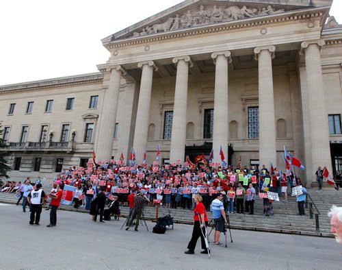 BORIS MINKEVICH / WINNIPEG FREE PRESS
Healthcare cuts protest on the steps of the leg. Care comes first.  Sept. 13, 2017