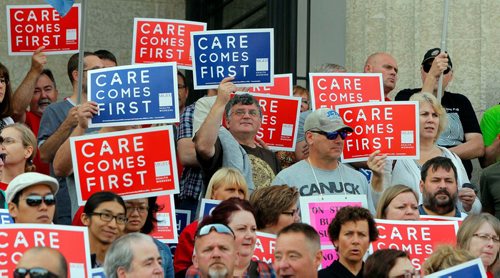 BORIS MINKEVICH / WINNIPEG FREE PRESS
Healthcare cuts protest on the steps of the leg. Care comes first.  Sept. 13, 2017