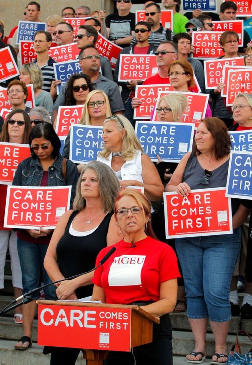 BORIS MINKEVICH / WINNIPEG FREE PRESS
Healthcare cuts protest on the steps of the leg. Care comes first. Michelle Gawronsky, President MGEU, speaks.  Sept. 13, 2017