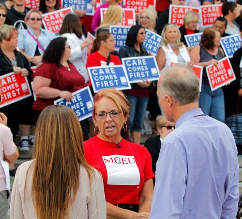 BORIS MINKEVICH / WINNIPEG FREE PRESS
Healthcare cuts protest on the steps of the leg. Care comes first. Michelle Gawronsky, President MGEU, speaks.  Sept. 13, 2017