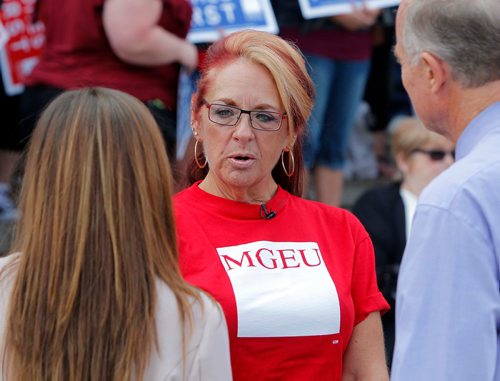 BORIS MINKEVICH / WINNIPEG FREE PRESS
Healthcare cuts protest on the steps of the leg. Care comes first. Michelle Gawronsky, President MGEU, speaks.  Sept. 13, 2017