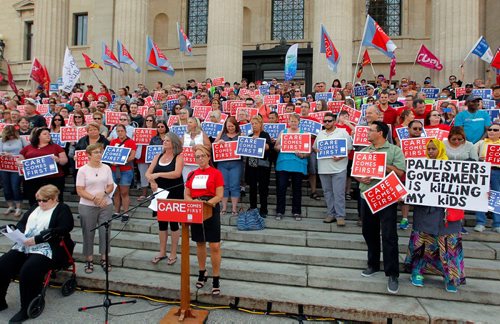 BORIS MINKEVICH / WINNIPEG FREE PRESS
Healthcare cuts protest on the steps of the leg. Care comes first. Michelle Gawronsky, President MGEU, speaks.  Sept. 13, 2017