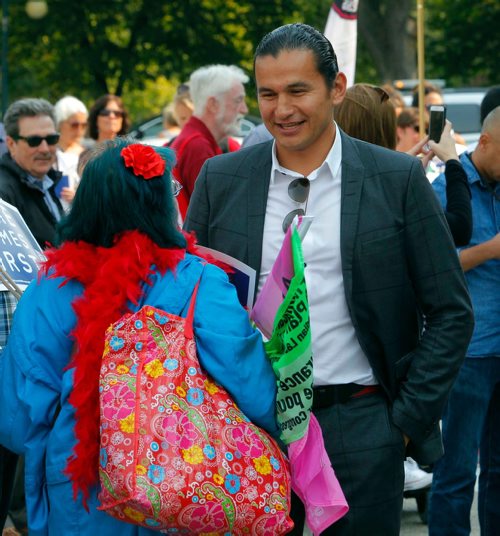 BORIS MINKEVICH / WINNIPEG FREE PRESS
Healthcare cuts protest on the steps of the leg. Care comes first. Wab Kinew at the event.  Sept. 13, 2017