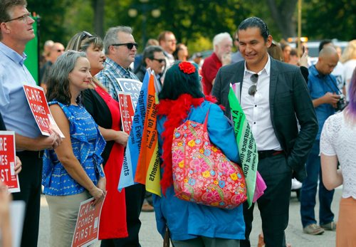 BORIS MINKEVICH / WINNIPEG FREE PRESS
Healthcare cuts protest on the steps of the leg. Care comes first. Wab Kinew at the event.  Sept. 13, 2017