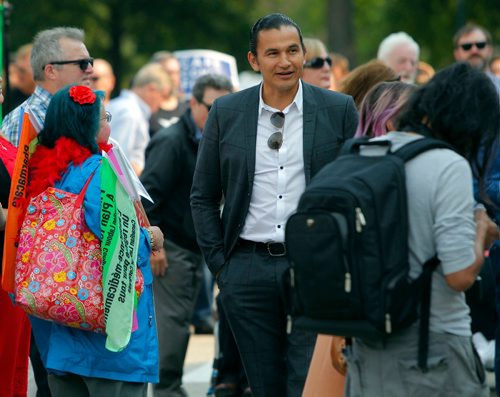 BORIS MINKEVICH / WINNIPEG FREE PRESS
Healthcare cuts protest on the steps of the leg. Care comes first. Wab Kinew at the event.  Sept. 13, 2017