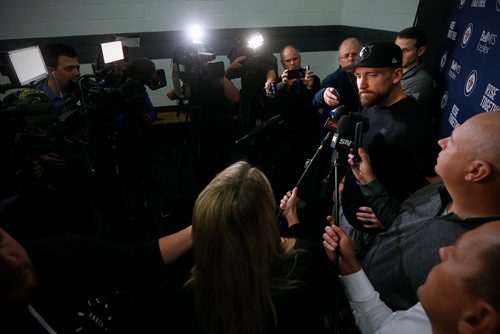 Winnipeg Jets captain Blake Wheeler talks to media on opening day of the Jets' training camp Thursday, September 14, 2017 in Winnipeg. (The Canadian Press/John Woods)