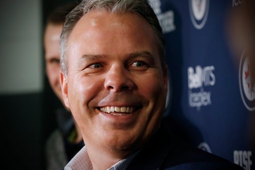 Winnipeg Jets GM Kevin Cheveldayoff talks to media on opening day of the Jets' training camp Thursday, September 14, 2017 in Winnipeg. (The Canadian Press/John Woods)