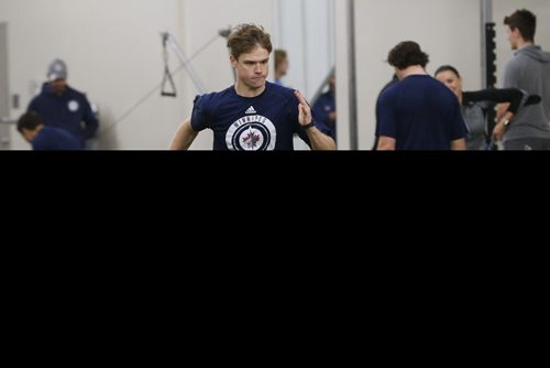 Winnipeg Jets' Eric Comrie does sprint tests on opening day of the Jets'  training camp Thursday, September 14, 2017 in Winnipeg. (The Canadian Press/John Woods)