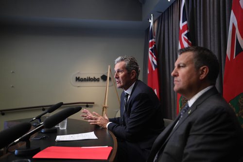 RUTH BONNEVILLE / WINNIPEG FREE PRESS


Manitoba Premier Brian Pallister with Crown Services Minister Cliff Cullen, answers questions from the media regarding the survey sent out by the government on healthcare premiums at the Legislature Thursday.


SEPT 14, 2017
