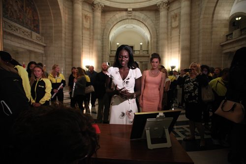 RUTH BONNEVILLE / WINNIPEG FREE PRESS

Ayiya Ottogo (left) and Jayda Nault,  volleyball players  wait in line to receive their Order of The Buffalo Hunt certificates given to them by the City of Winnipeg at the Manitoba Legislative Building at a reception for Canada Summer Games medalists Thursday evening.  

Premier Brian Pallister and Mayor Brian Bowman congratulated all the medalists at the opening of the event before awards were handed out.  

SEPT 14, 2017



SEPT 14, 2017
