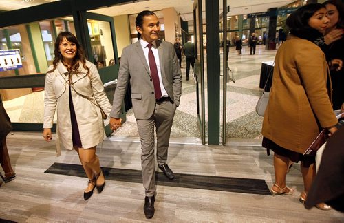 PHIL HOSSACK / WINNIPEG FREE PRESS - Wab Kinew and his wife Lisa Monkman (left)  arrive at the Convention Centre Friday evening for the opening banquet at the NDP convention.....See story.   - September 15, 2017