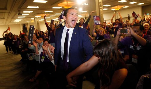 PHIL HOSSACK / WINNIPEG FREE PRESS  -  New leader of the Manitoba NDP Wab Kinew celebrates as the results are announced Saturday. Kusch story. - Sept 16 2017