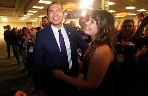 PHIL HOSSACK / WINNIPEG FREE PRESS  -  New leader of the Manitoba NDP Wab Kinew celebrates with his wife Lisa as the results are announced Saturday. Kusch story. - Sept 16 2017