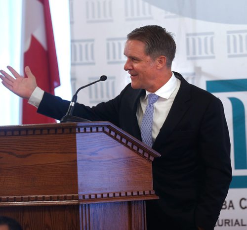 WAYNE GLOWACKI / WINNIPEG FREE PRESS

Finance Minister Cameron Friesen speaks at the Manitoba Chambers of Commerce breakfast Tuesday morning on Red Tape Reduction Day. Murray McNeill story Sept. 19 2017