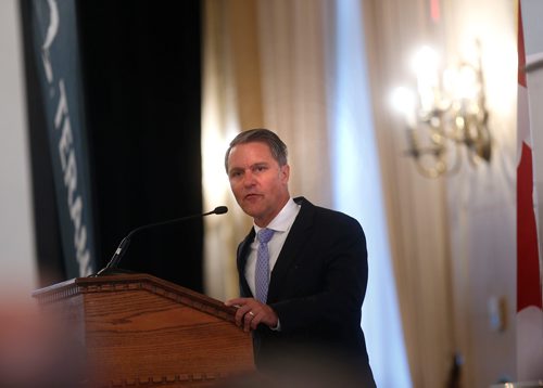 WAYNE GLOWACKI / WINNIPEG FREE PRESS

Finance Minister Cameron Friesen speaks at the Manitoba Chambers of Commerce breakfast Tuesday morning on Red Tape Reduction Day. Murray McNeill story Sept. 19 2017