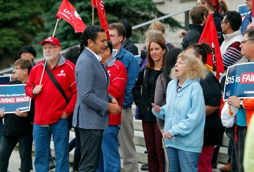BORIS MINKEVICH / WINNIPEG FREE PRESS
Make Poverty History Manitoba and the Manitoba Federation of Labour are hosted a community rally calling on the Government of Manitoba to make the minimum wage a living wage at $15-an-hour on the steps of the Leg today. NDP leader Wab Kinew at the event. Sept. 19, 2017