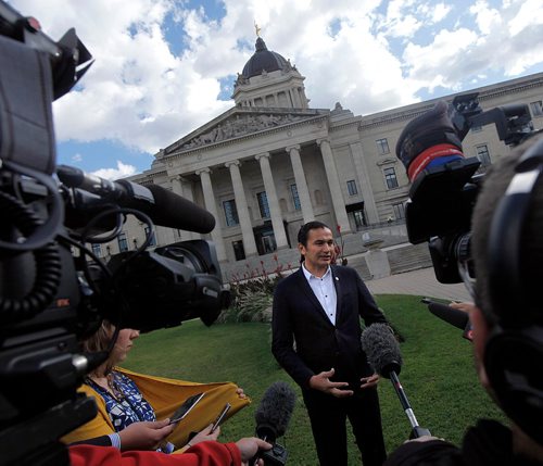 PHIL HOSSACK / WINNIPEG FREE PRESS  -  Wab Kinew holds a press conference on the lawn of the Manitoba Legislature Wednesday, reacting to the Conservative daycare plans. See Jane G's story.    - Sept 20 2017