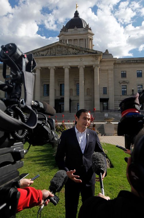 PHIL HOSSACK / WINNIPEG FREE PRESS  -  Wab Kinew holds a press conference on the lawn of the Manitoba Legislature Wednesday, reacting to the Conservative daycare plans. See Jane G's story.    - Sept 20 2017