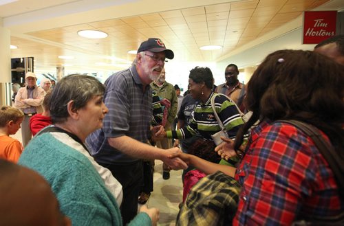 RUTH BONNEVILLE / WINNIPEG FREE PRESS


Jim Mair with NEST,  greats the family he helped sponsor after they arrive.

Family members of Congolese refugees, who waited 9 years to come to Canada, arrives in Winniipeg at the James Richardson Airport Wednesday.   The family was   privately sponsored by North End Sponsorship Team (NEST) spokesman Jim Mair.  

Names of arrivals;
Rebecca Mukend (left) her sister Martha Mukendi, 30 (Striped shirt)  next to her husband Mbuyi Jean Kazadi, 37; 3 sons- Jacques (back row) 13; Justin (front of parents) 12,  Joseph, 5 and one daughter, Josephine, 5 (twins) --  and Martha's 3 siblings, Marie(far back) 22, ; Bill, 24  Rebecca 25.
For Sanders story.

SEPT 20, 2017
