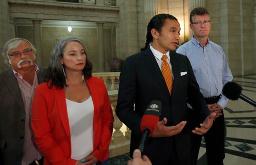 WAYNE GLOWACKI / WINNIPEG FREE PRESS

In centre, Wab Kinew leader of the official opposition with Nahanni Fontaine, Andrew Swan,right, and Tom Lindsey to announce the NDP caucus and critic positions in the rotunda Manitoba Legislative Building Thursday. Larry Kusch story  Sept. 21 2017